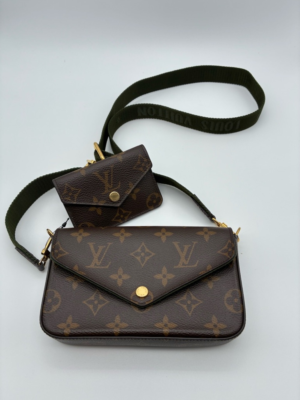 Louis Vuitton Monogram felicie pochette green strap & go w/ mini wallet with COA - Picture 2 of 15